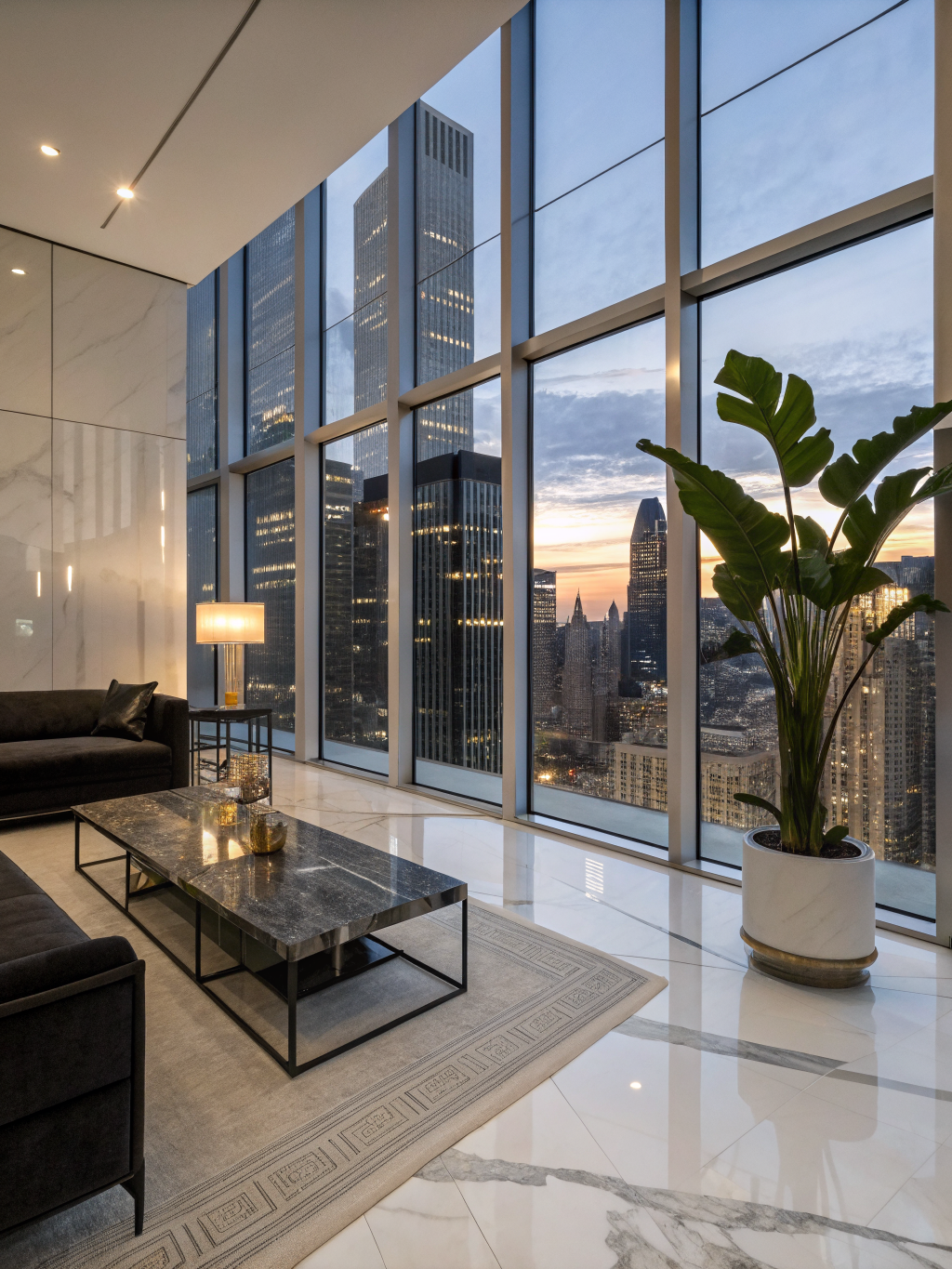 Urban penthouse interior with floor-to-ceiling windows
