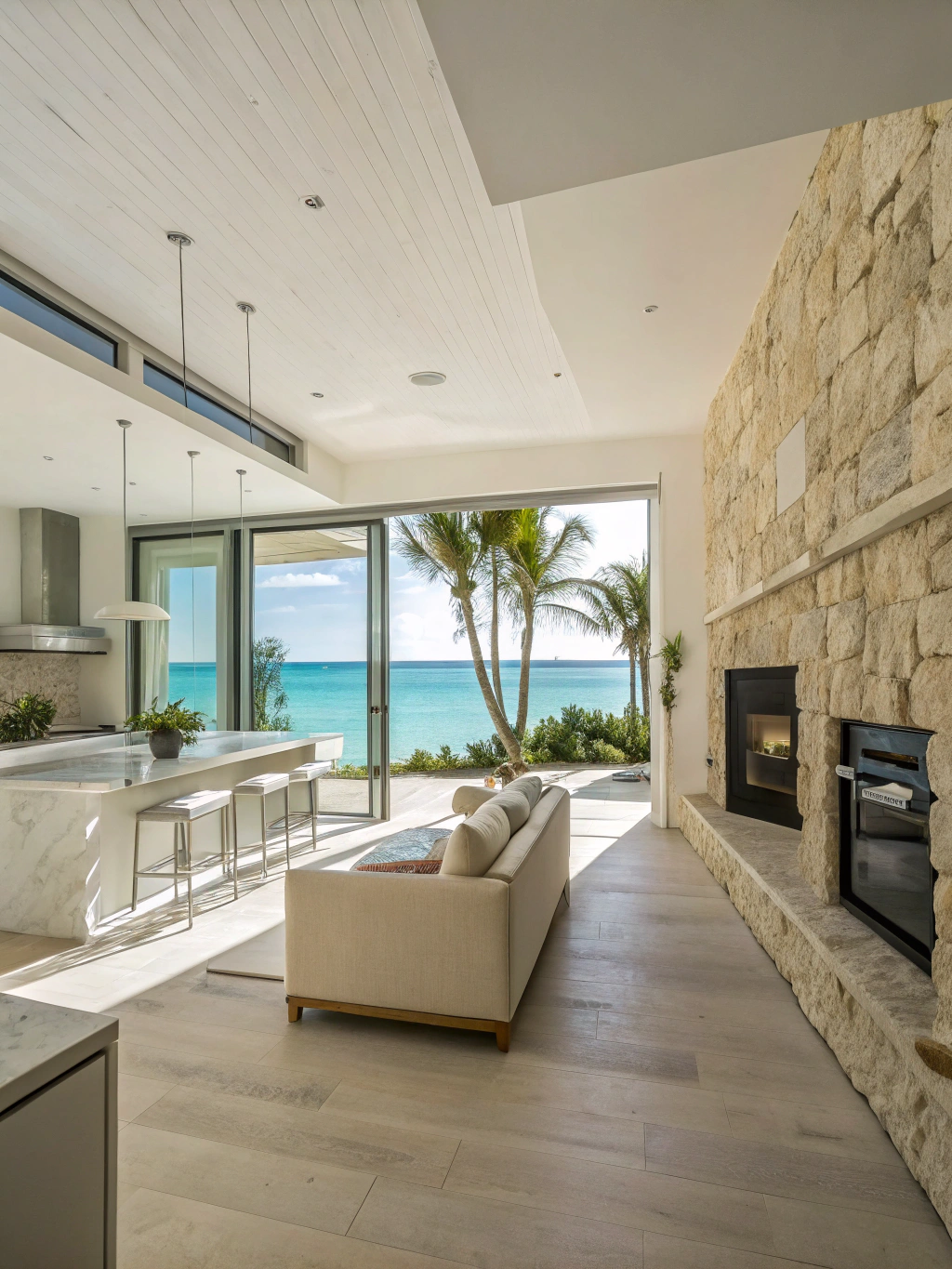 Modern minimalist living room in La Jolla with ocean view