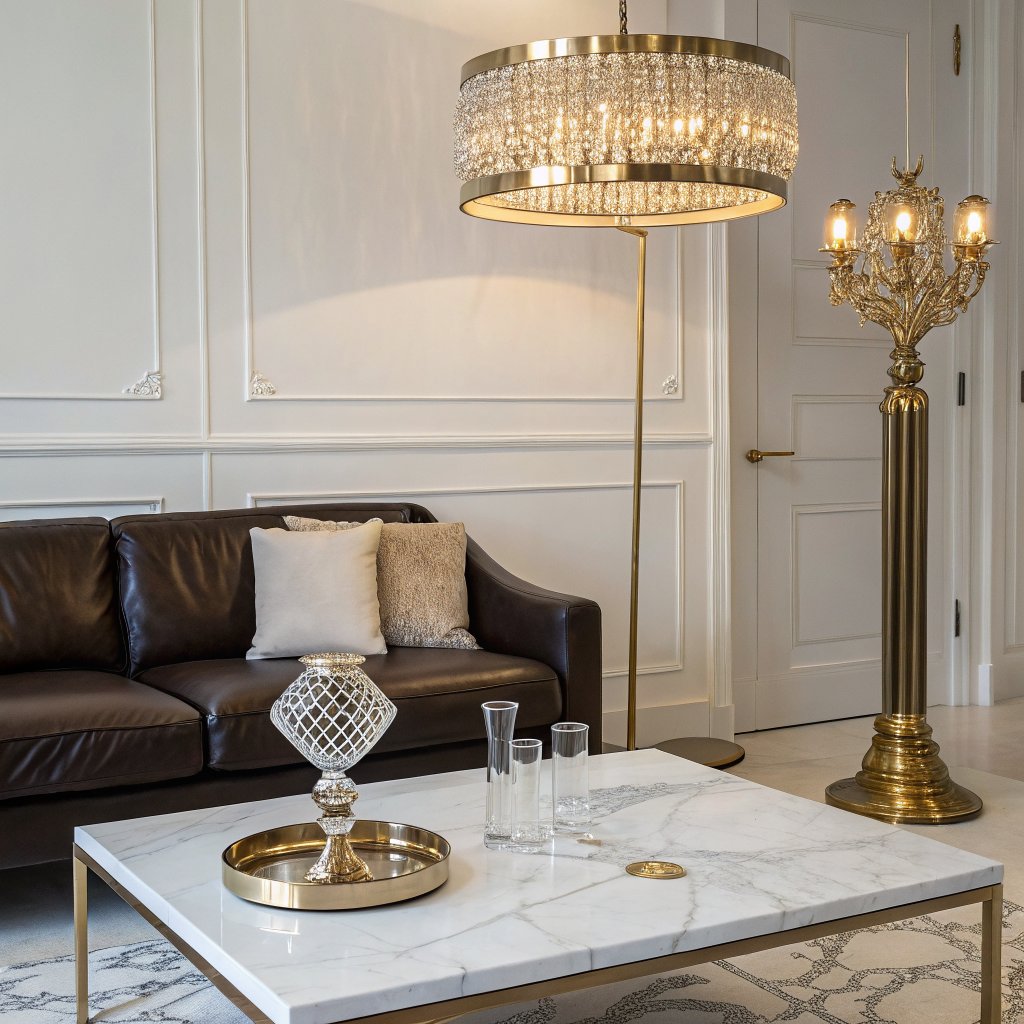 Elegant hallway with high ceilings and soft gold accents