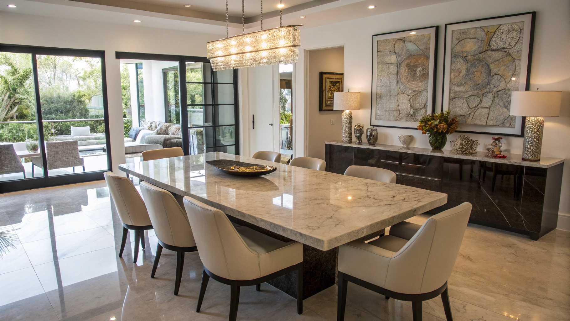 Contemporary dining area with custom lighting